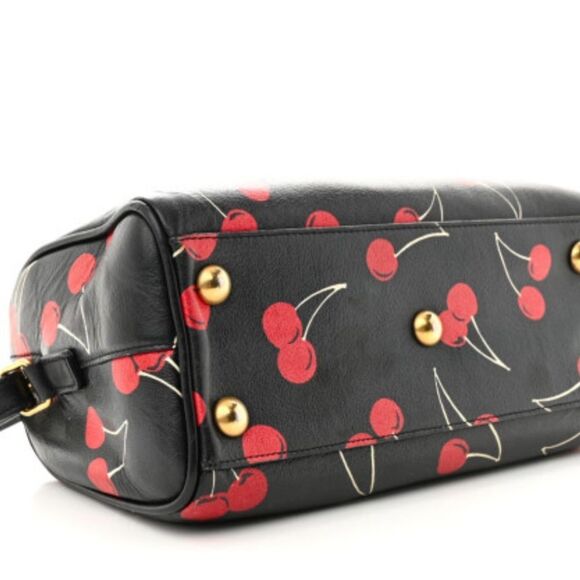 Auth Saint Laurent Calfskin Cherry Print 2way Classic Baby Duffle Bag Black Red - Picture 10 of 15
